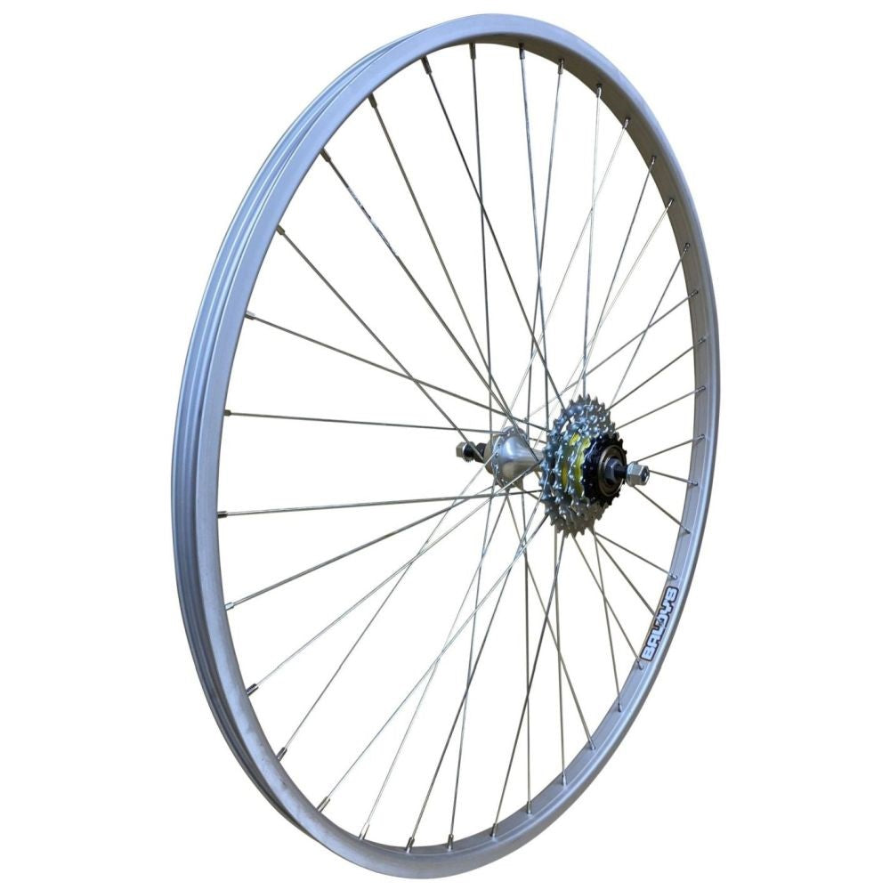 700c 7-Speed Rear Wheel For Hybrid & Trekking Bikes - 36 Spoke Silver Rim, 135mm Hub (Fits Schrader & Presta)