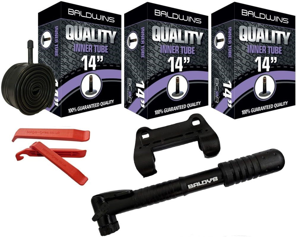 Baldwins Bike Inner Tubes 14 x 1.75 to 2.25 Schrader Valve & Tyre Levers & Mini Pump (PACK OF 3)
