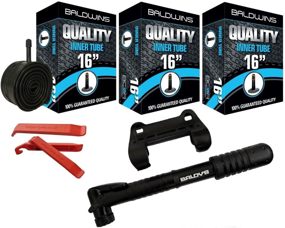 Baldwins Bike Inner Tubes 16 x 1.75 to 2.25 Schrader Valve & Tyre Levers & Mini Pump (PACK OF 3)