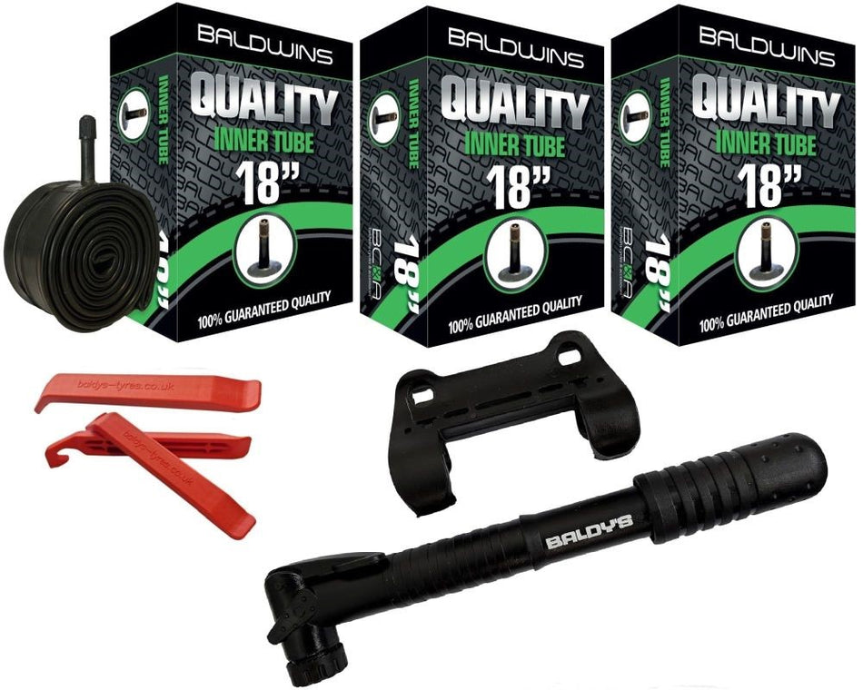 Baldwins Bike Inner Tubes 18 x 1.75 to 2.25 Schrader Valve & Tyre Levers & Mini Pump (PACK OF 3)