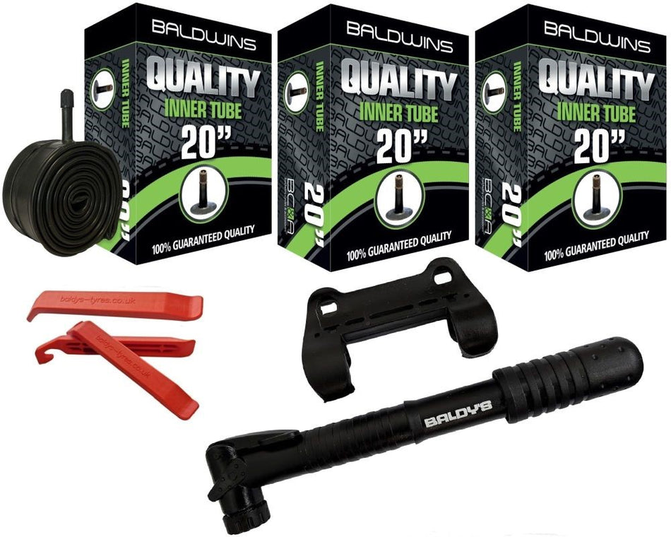 Baldwins Bike Inner Tubes 20 x 2.20 to 2.40 Schrader Valve & Tyre Levers & Mini Pump (PACK OF 3)