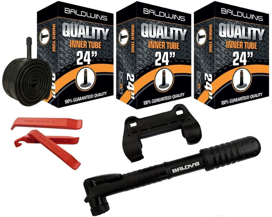 Baldwins Bike Inner Tubes 24 x 1.75 to 2.125 Schrader Valve & Tyre Levers & Mini Pump (PACK OF 3)