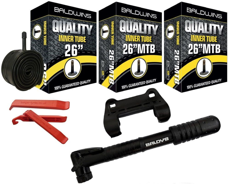 Baldwins Bike Inner Tubes 26 x 2.20 to 2.40 Schrader Valve & Tyre Levers & Mini Pump (PACK OF 3)