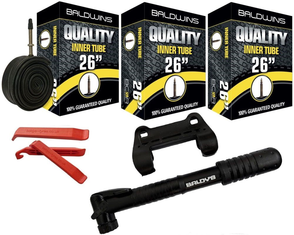 Baldwins Bike Inner Tubes 26 x 1.75 to 2.125 Presta Valve & Tyre Levers & Mini Pump (PACK OF 3)