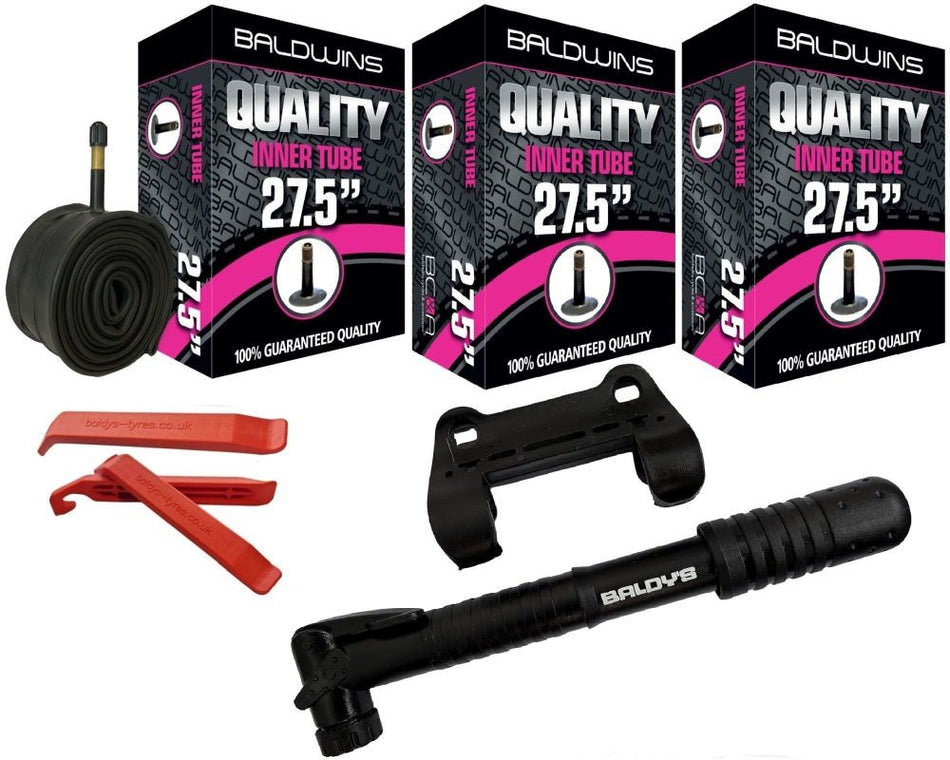 Baldwins Bike Inner Tubes 27.5 x 2.20 to 2.40 Schrader Valve & Tyre Levers & Mini Pump (PACK OF 3)