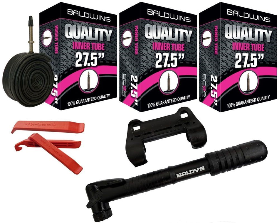 Baldwins Bike Inner Tubes 27.5 x 1.75 to 2.125 Presta Valve & Tyre Levers & Mini Pump (PACK OF 3)