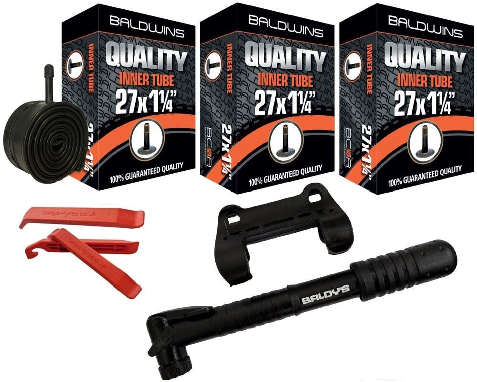 Baldwins Bike Inner Tubes 27 x 1-1/4 Schrader Valve & Tyre Levers & Mini Pump (PACK OF 3)