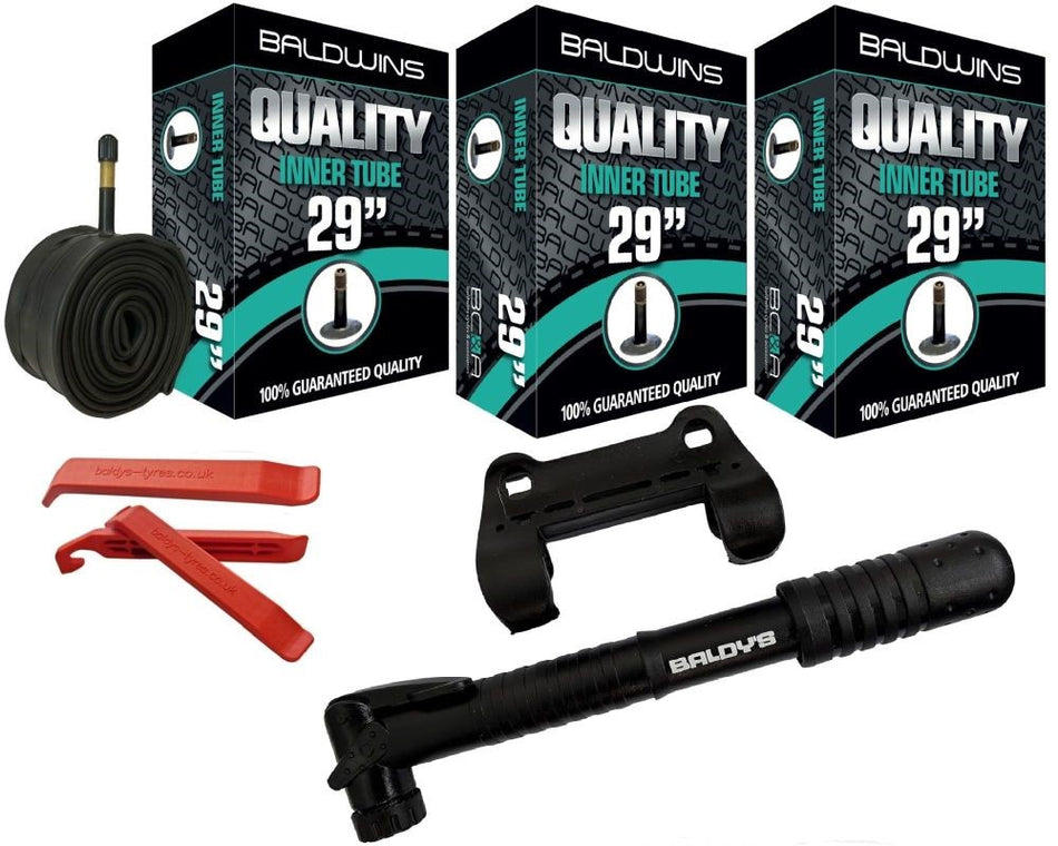 Baldwins Bike Inner Tubes 29 x 1.75 to 2.125 Schrader Valve & Tyre Levers & Mini Pump (PACK OF 3)