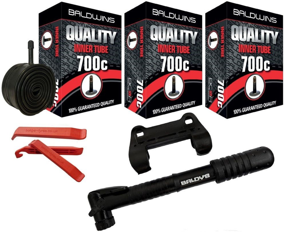 Baldwins Bike Inner Tubes 700 x 35c - 45c Schrader Valve & Tyre Levers & Mini Pump (PACK OF 3)