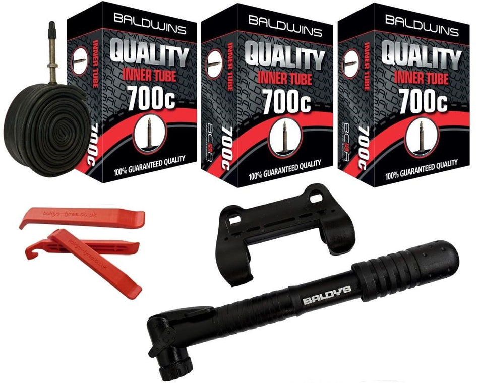 Baldwins Bike Inner Tubes 700 x 28c to 32c Presta Valve & Tyre Levers & Mini Pump (PACK OF 3)