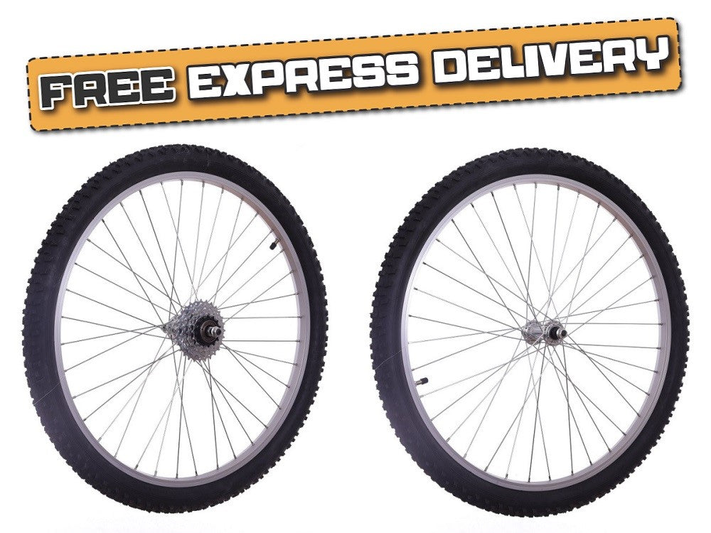 26" PAIR Mountain Bike Wheels + 5 Speed Freewheel + TYRES & TUBES