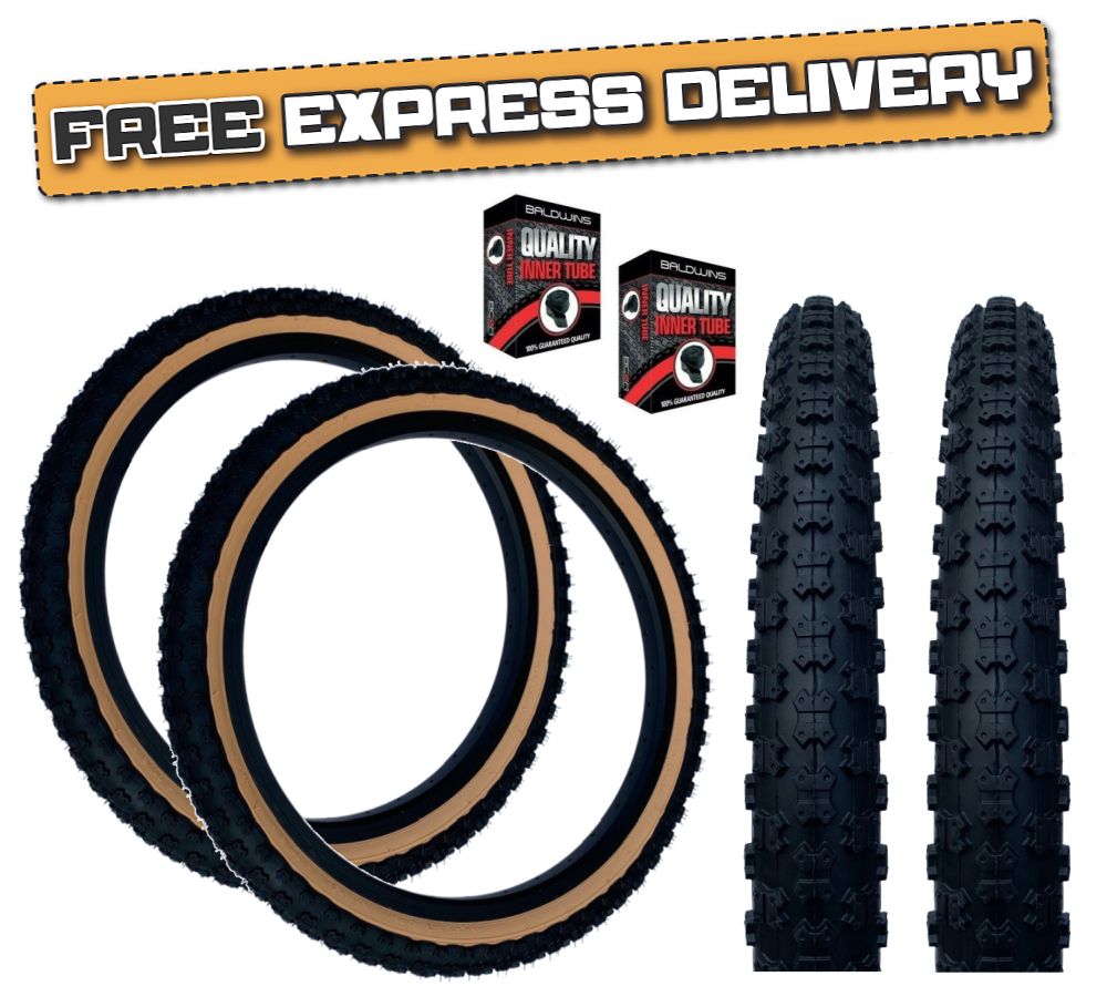 Baldys 16 x 1.75 BLACK With TAN WALL Kids BMX Mountain Bike TYRE s TUBE s