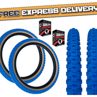 Baldys 20 x 2.125 BMX Mountain Bike BLUE / TAN WALL Knobby Tread TYREs TUBEs