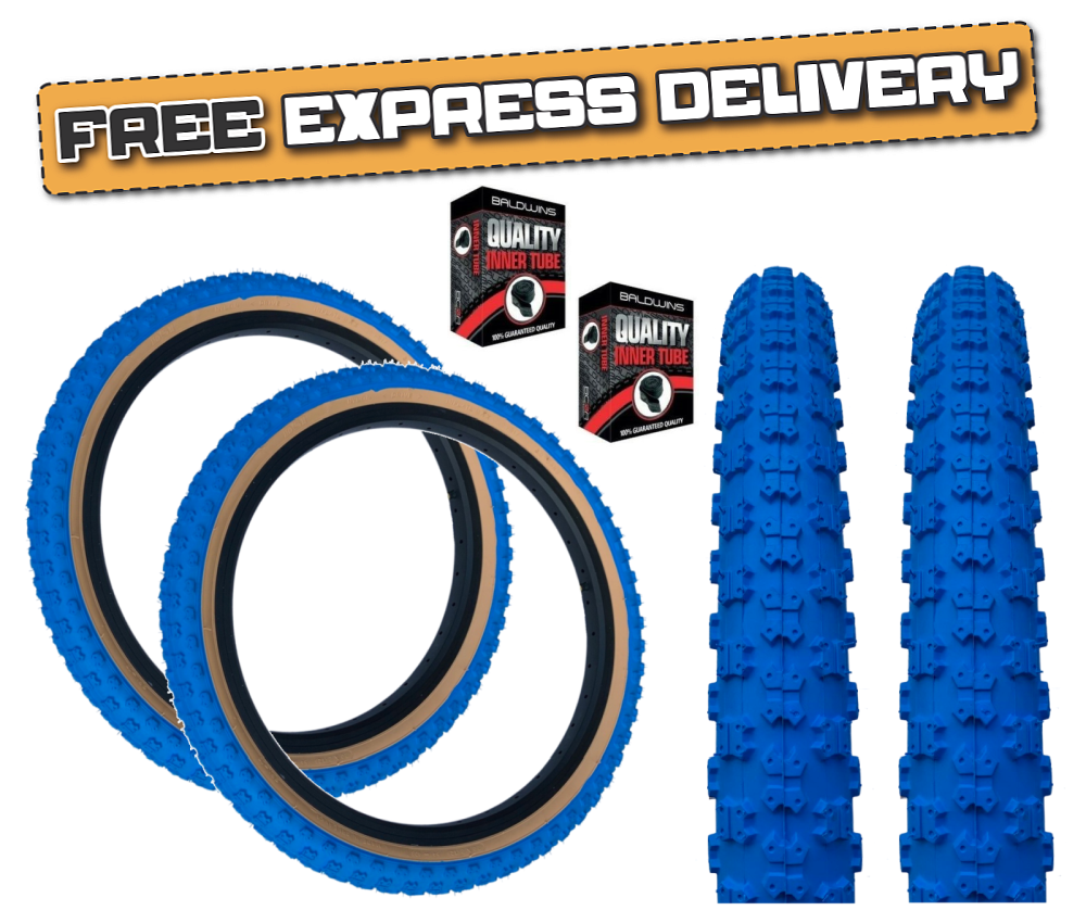 Baldys 20 x 2.125 BMX Mountain Bike BLUE / TAN WALL Knobby Tread TYREs TUBEs