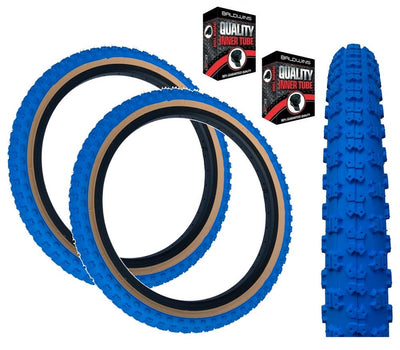 Baldys 20 x 2.125 BMX Mountain Bike BLUE / TAN WALL Knobby Tread TYREs TUBEs