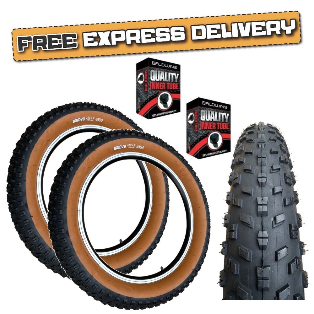 Baldy's Jumbo 20 x 4.00 BROWN WALL Fat E-Bike Ready Folding TYREs TUBEs
