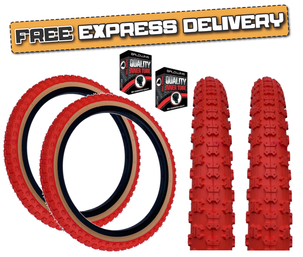 Baldys 20 x 2.125 BMX Mountain Bike RED / TAN WALL Knobby Tread TYREs TUBEs